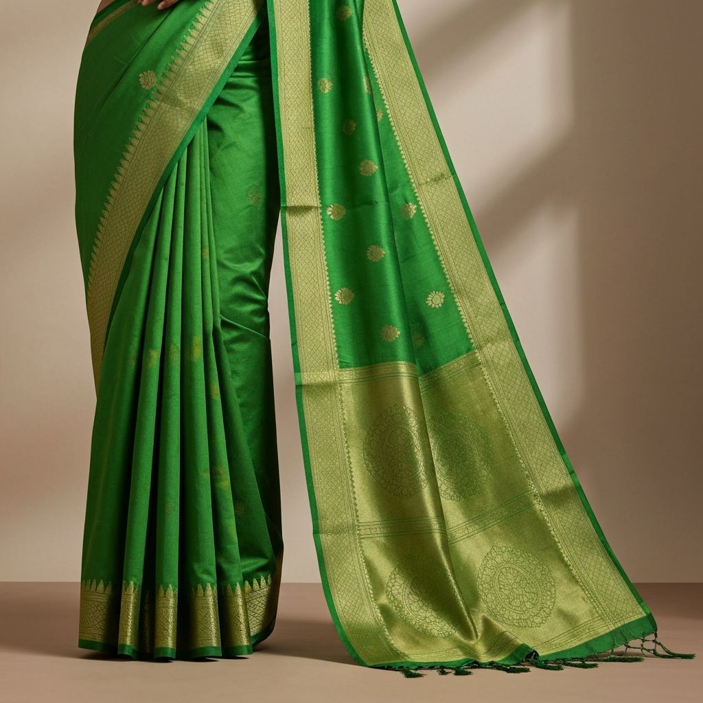 Traditional Kosa Silk Saree in Forest Green