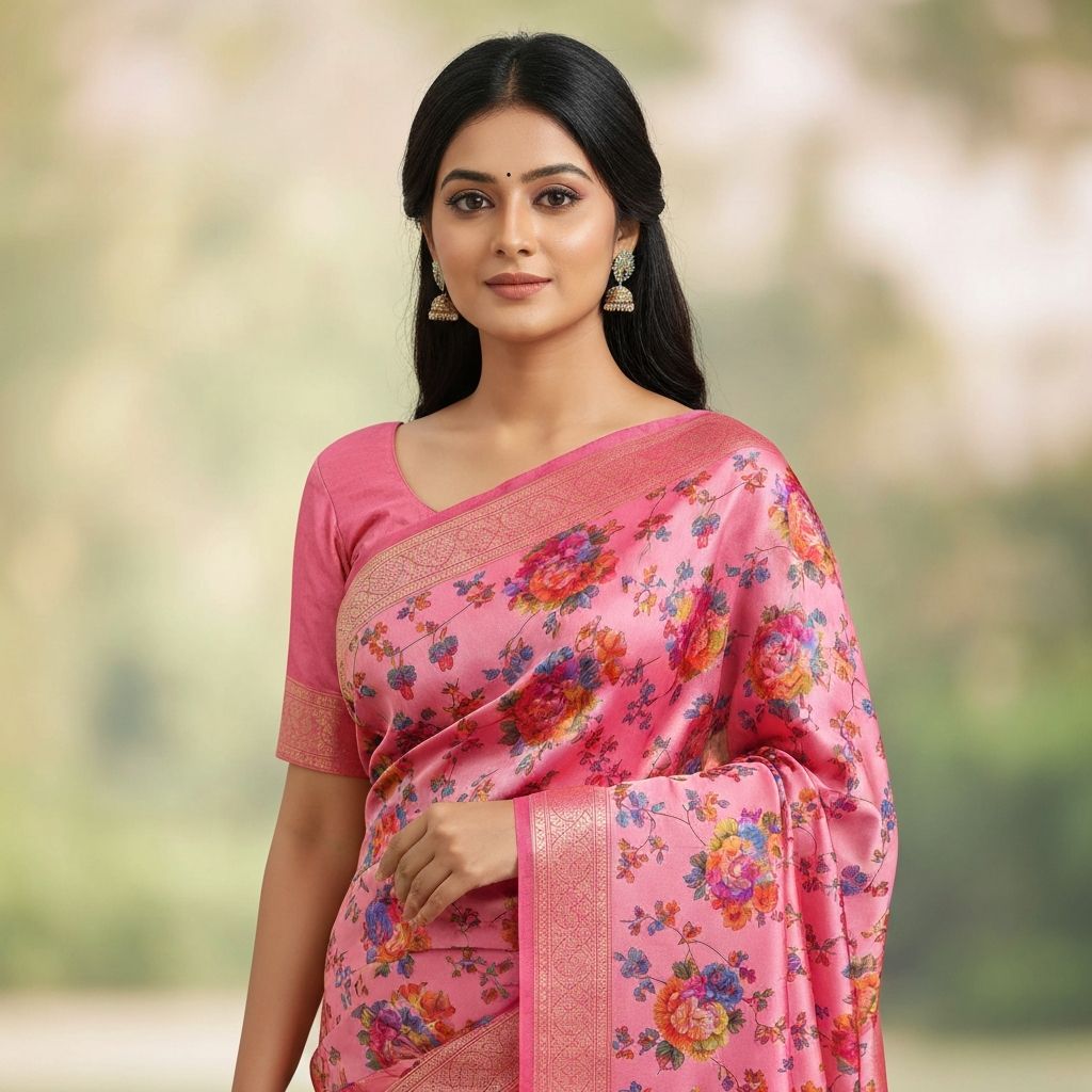 Pink Floral Silk Saree